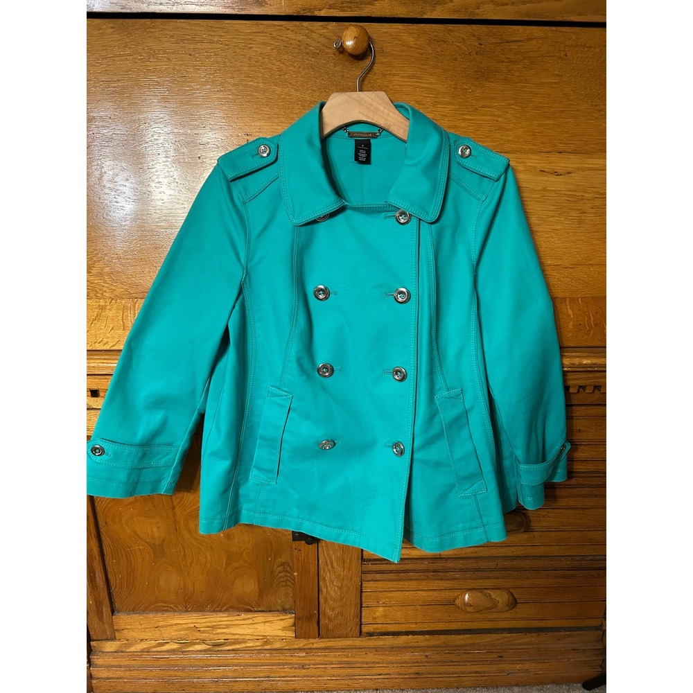 WHBM Y2K Preppy Nautical Teal Double Breasted Pea Coat Jacket Turquoise Coastal
